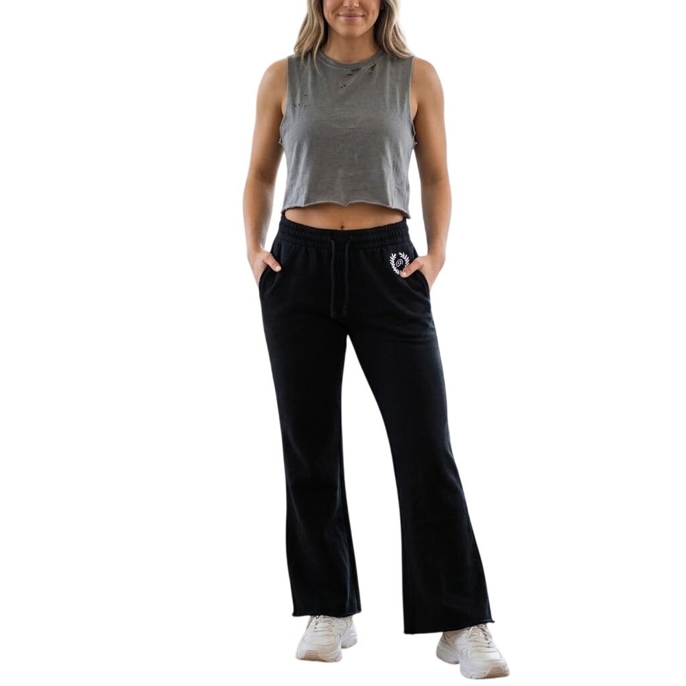 PINK Victorias Secret Black Wide Leg Flare Sweatpants Laurel Wreath Logo L